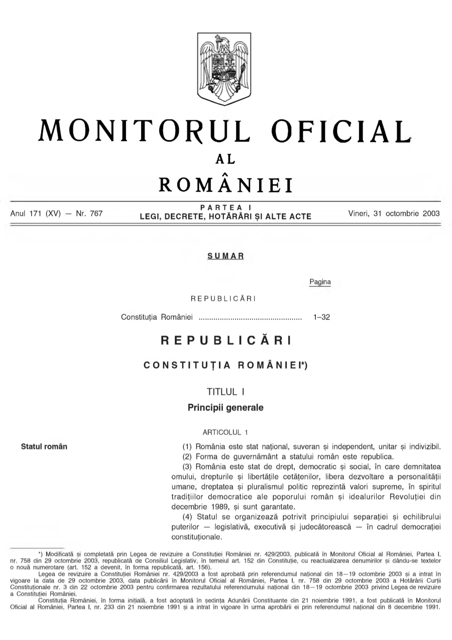 Pagina 1 din Monitorul Oficial nr. 767/2003