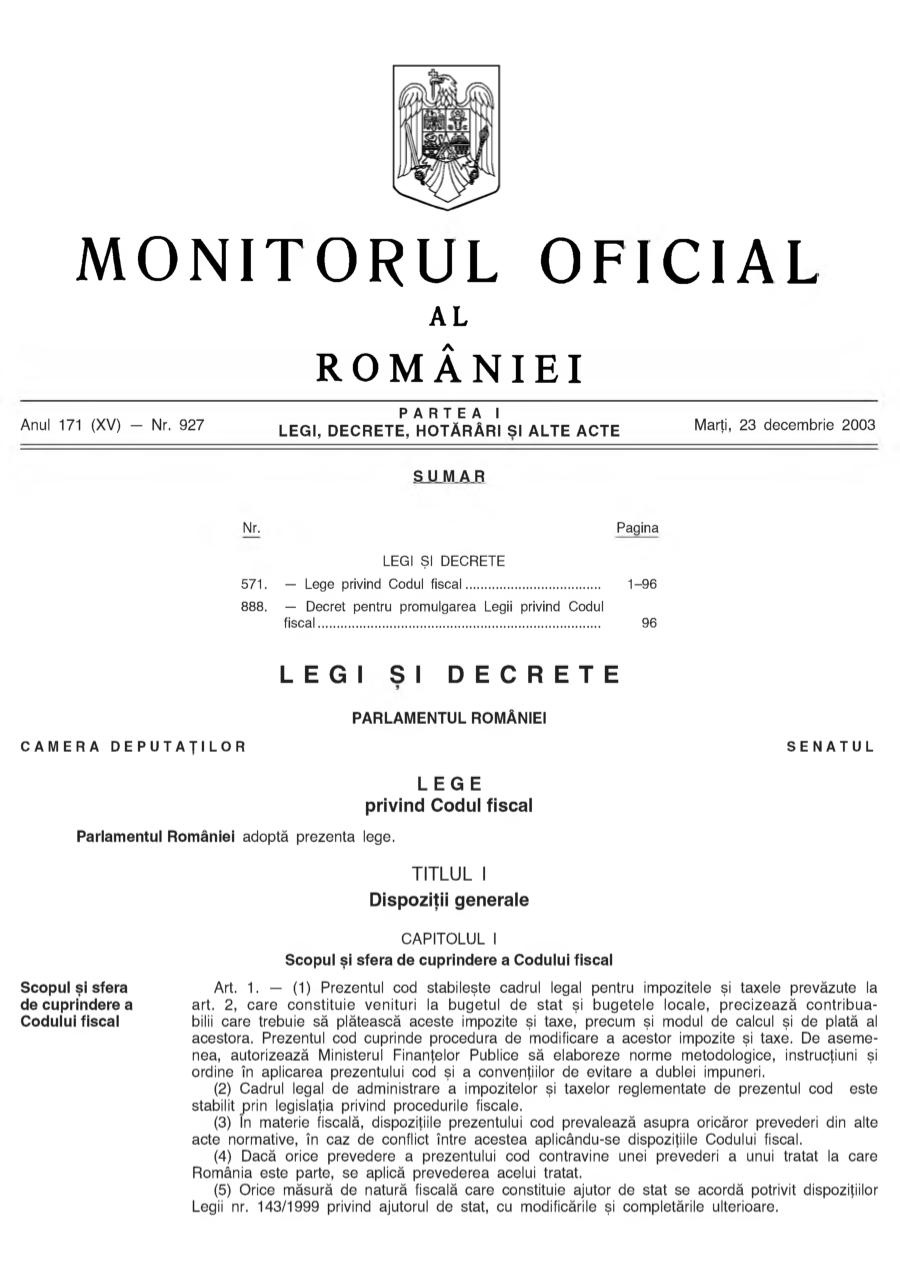 Pagina 1 din Monitorul Oficial nr. 927/2003