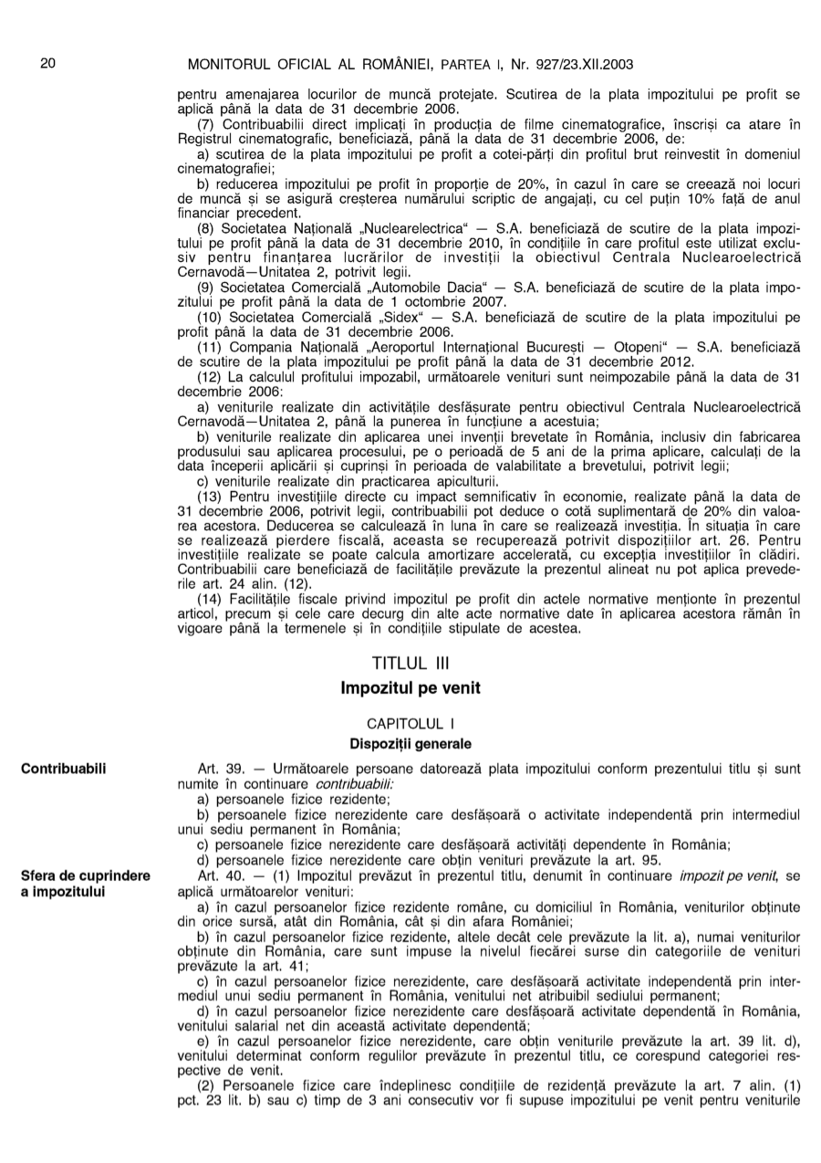 Pagina 20 din Monitorul Oficial nr. 927/2003