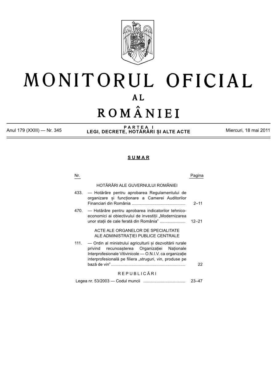 Pagina 1 din Monitorul Oficial nr. 345/2011