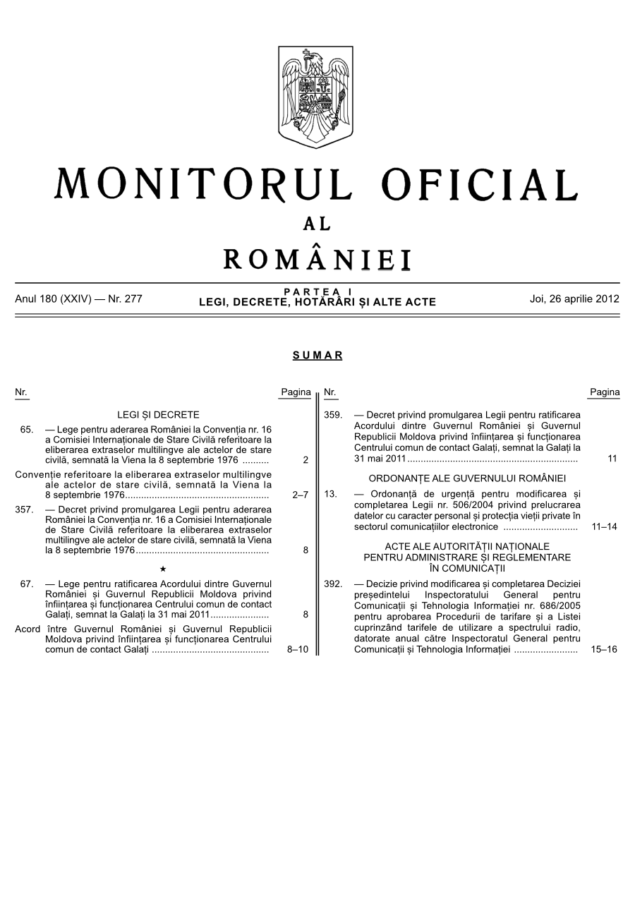 Pagina 1 din Monitorul Oficial nr. 277/2012