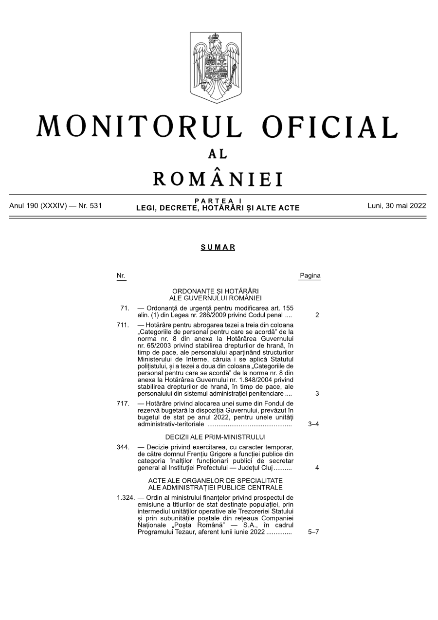 Pagina 1 din Monitorul Oficial nr. 531/2022